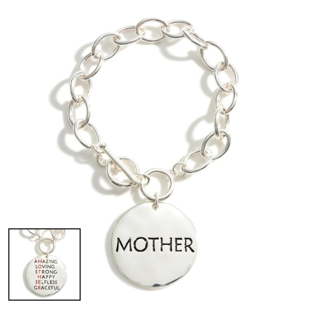 Silver Chain Bracelet With Toggle Clasp Featuring "Mother" Pendant